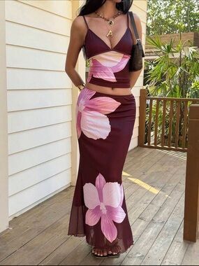 SHEIN Plum Floral Cutout Maxi Skirt with Pink Petals